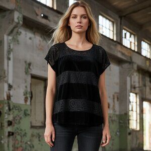 Dolan Left Coast Women’s S Black Velvet & Lace Striped Short Sleeve Top Anthro